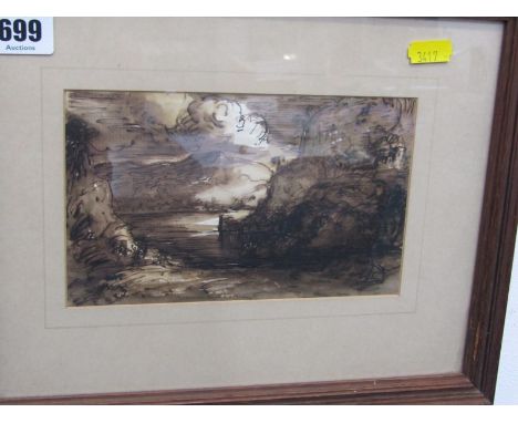 THOMAS AGNEW GALLERY, early sepia sketch "Landscape with Cliffs", Agnew label on reverse, 4.25" x 7" 