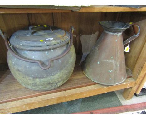 ANTIQUE METALWARE, 2 gallon copper conical jug and swing handle vintage cauldron 