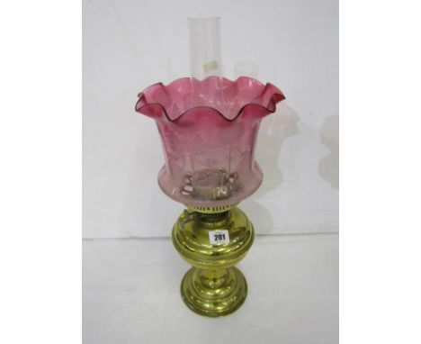 OIL LAMP, Edwardian cranberry glass crinoline edge oil lamp shade with glass lamp base 
