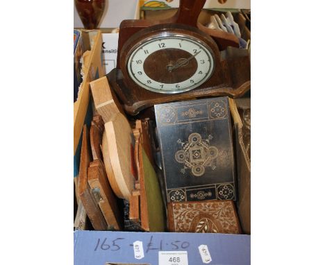 A TRAY OF TREEN TO INCLUDE MANTEL CLOCK, JEWELLERY BOXES ETC, (TRAY NOT INCLUDED)