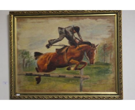 A GILT FRAMED OIL ON BOARD DEPICTING A HORSE AND JOCKEY SIGNED M. R. HYDE