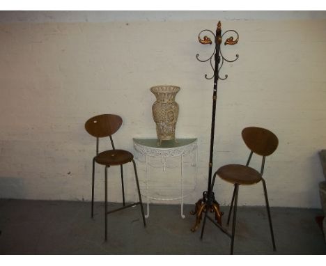 A SELECTION OF FIVE ITEMS INCLUDING TWO VINTAGE HIGH CHAIRS, A HALL / COAT / HAT STAND IN WROUGHT IRON, A WROUGHT IRON HALL /