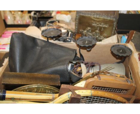 TWO TRAYS OF SUNDRIES TO INCLUDE A VINTAGE TENNIS RACQUET, CANDLE HOLDER ETC. (TRAYS NOT INCLUDED)