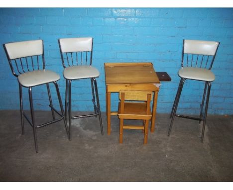 THREE VINTAGE HIGH CHAIRS AND A CHILDREN'S SCHOOL TYPE DESK WITH CHAIR