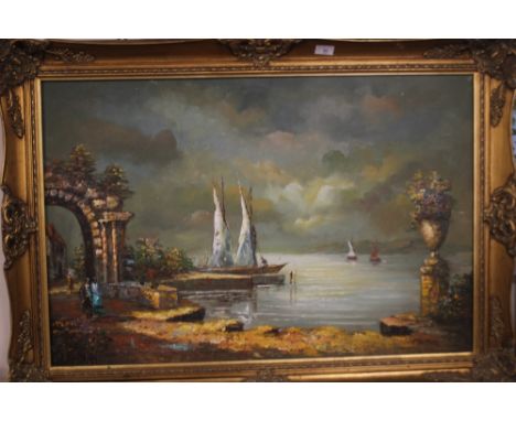 A FRAMED AND GLAZED OIL ON CANVAS DEPICTING A LAKESIDE SCENE SIGNED T. VAN MEEREN