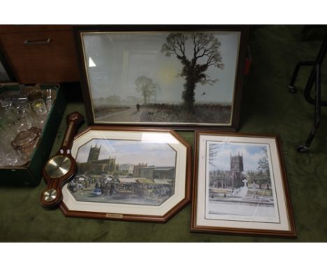 THREE PRINTS INCLUDING A LIMITED EDITION LITHOGRAPH OF ST. PETERS, WOLVERHAMPTON SIGNED BY AMANDA JACKSON TOGETHER WITH A BAR
