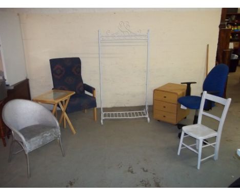 A SELECTION OF SEVEN ITEMS TO INCLUDE A NEW FOLD AWAY TABLE, AN OFFICE CHAIR, A COAT STAND, A BENTWOOD STYLE THREE DRAWER CAB