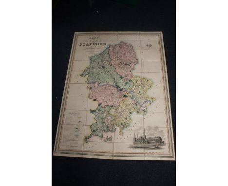 PHILLIPS &amp; HUTCHINGS LARGE SCALE MAP OF STAFFORDSHIRE, published by Teesdale, engraved by J. Dower, c.1832, linen backed 