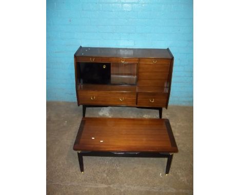 A VINTAGE COCKTAIL SIDEBOARD UNIT AND MATCHING COFFEE TABLE