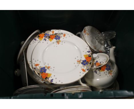 A VINTAGE CHINA DINNER SERVICE TOGETHER WITH A GLASS DRESSING TABLE SET