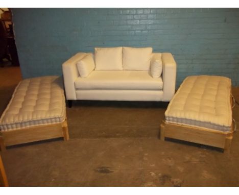 TWO SINGLE LOAF BED FRAMED BEDS WITH MATTRESSES AND A CLEAN WHITE NEW SOFA - EX SHOP DISPLAY