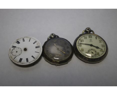 A JUNGHANS WHITE METAL POCKET WATCH, AN ART DECO POCKET WATCH AND A MOVEMENT  (3)