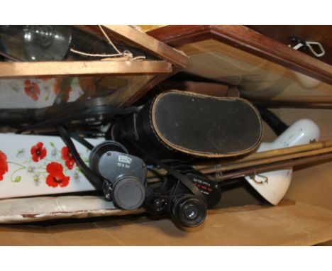 A BOX OF SUNDRIES TO INCLUDE ANGLEPOISE LAMP, A PAIR OF PRINZ BINOCULARS, FISHING ROD ETC. 