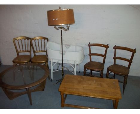 EIGHT ITEMS TO INCLUDE: AN OAK COFFEE TABLE CHAIRS, A LOOM BABIES CRIB, A BRASS LAMP ETC.