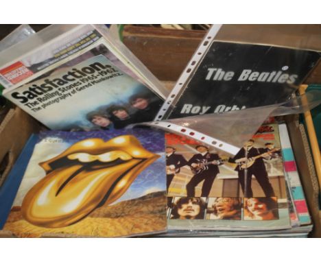 A BOX OF POP MUSIC MEMORABILIA INCLUDING ROLLING STONES AND BEATLES BOOKS, A COLLECTION OF VINTAGE SHEET MUSIC AND 'NOW DIG T