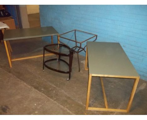 FOUR ITEMS TO INCLUDE TWO HABITAT TABLES, A VINTAGE GLASS SHELVED TEARDROP SERVING TROLLEY A/F AND A METAL PEDESTAL TABLE LEG