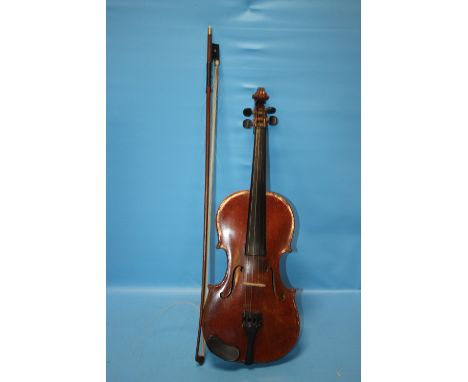 A CASED VINTAGE VIOLIN AND BOW