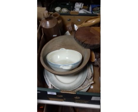 A TRAY OF CERAMICS AND TREEN ITEMS TO INCLUDE CERAMIC BOTTLE, SUSIE COOPER TUREEN AND PLATE AND TWO WHITE CROWN DERBY CUPS &a