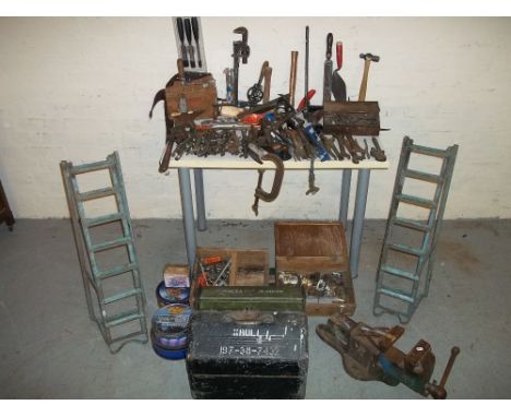 A SELECTION OF TOOLS TO INCLUDE AN ENGINEERS VISOR AND CAR Ramps.
