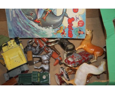 A COLLECTION OF VINTAGE TOY VEHICLES TO INCLUDE SPOT-ON JAGUAR XKE ETC.