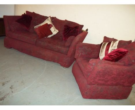 A DROP ARM TWO PIECE FABRIC SUITE - THREE SEATER SOFA AND CHAIR