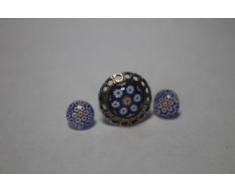 A VINTAGE STERLING SILVER HALLMARKED 1973 CAITHNESS MILLIFIORE RING AND EARRING SET