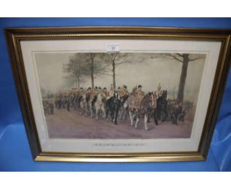 A FRAMED AND GLAZED PRINT TITLED 'THE BAND OF HER MAJESTY'S FIRST LIFEGUARDS, HYDE PARK'