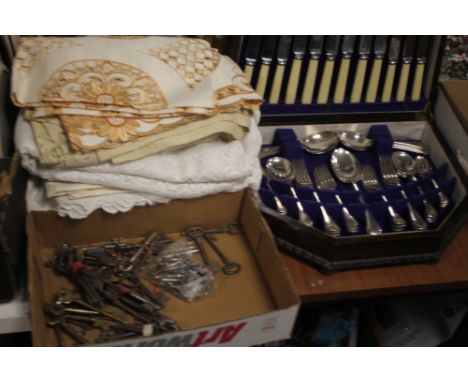 A QUANTITY OF ASSORTED KEYS TO INCLUDE VINTAGE EXAMPLES, A COLLECTION OF ASSORTED LINEN AND A CASED CANTEEN OF CUTLERY