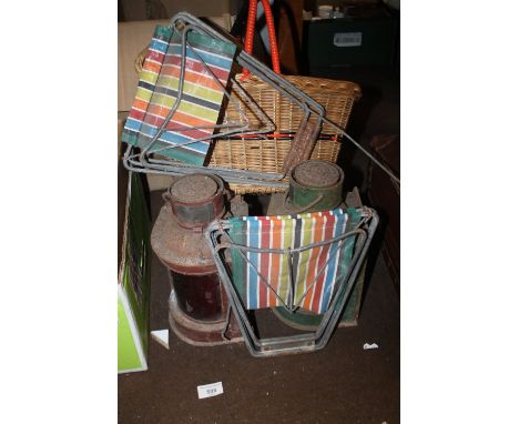 TWO VINTAGE LAMPS, TWO WICKER BASKETS ETC.