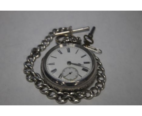 A SILVER OPEN FACE POCKET WATCH,  (Unsigned) on a white metal Albert chain