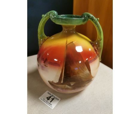 1900 Wileman (The Foley Co) Faience Twin Handled Green and Red Maritime Vase - 15cm high