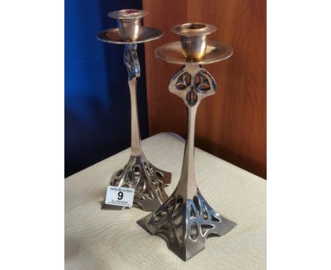 Pair of Vintage Art-Deco Mackintosh Styled Metallic Candlesticks - 25cm high