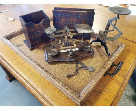 Ornate Oak Tray, w/Tunbridge-style boxes, Letter Scales and Eqpt&nbsp;