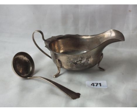 Sauce boat with card cut rim, 6" over handle Sheff  1941 by EV, also a ladle 140g.     