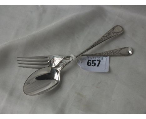 Bright cut engraved child's fork and spoon, Lon 1805 and  later 50g.        
