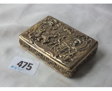 GEORGIAN SILVER GILT SNUFF BOX, hinged cover  embossed with figures in an interior, 3" wide Lon 1805  130g.         