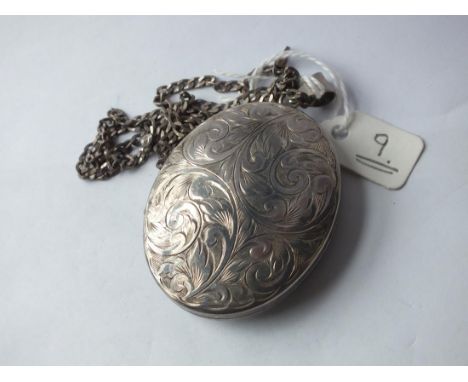 Large silver scroll engraved photo locket, 2” long on flat  link chain        