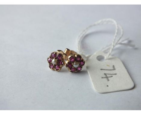 Pair of pearl and ruby cluster ear studs     