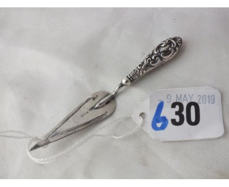 Trowel shaped book mark, embossed handle. 3.5" long  marked silver        