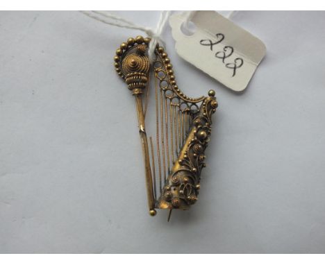19thc gold harp brooch 4cm long     