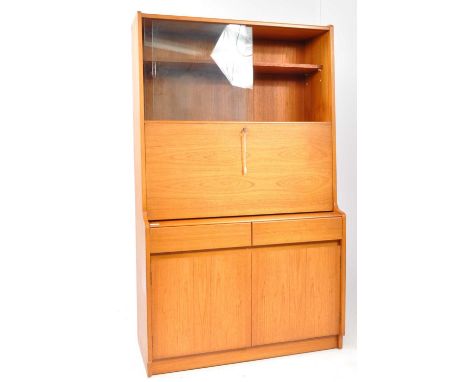 A vintage 20th century teak highboard / bookcase bureau. The highboard having twin glazed sliding doors with shelved interior