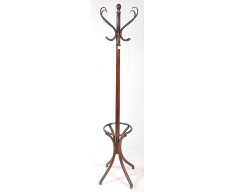 A vintage mid century Thonet style bentwood floor standing coat / hat rack. Having swan neck hooks, with central column with 