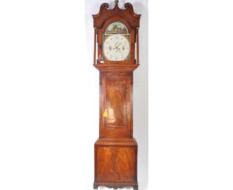 19th century George III mahogany and line inlaid painted face longcase clock. Marked for William Lister of Halifax. Painted d