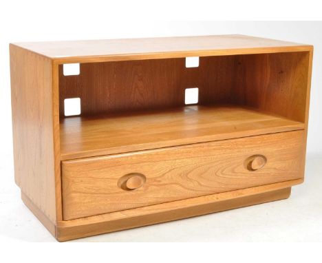 Ercol Furniture - Contemporary Ercol beech and elm wood entertainment / tv cabinet stand. Ball castors with single drawer and
