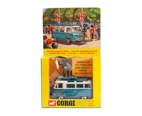 Corgi 479 Commer Mobile Camera van 'Samuelson Film Service Limited': two-tone white and blue with blue interior, spun hubs an