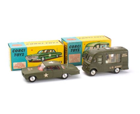 Corgi Military Pair 358 HQ Staff Car: dark green with red interior, passengers and white decals and 359 Army Field Kitchen, d