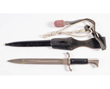 A German K98 pattern sidearm: the straight single edge blade stamped Eichorn' over two piece checkered grip, in a steel scabb