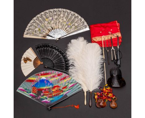 A 19th century mother of pearl fan: (damaged) together with two single white ostrich feather fans, two curling irons and rela