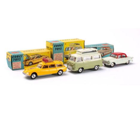 Corgi boxed group of three: 436 Citroen Safari: yellow with pale blue interior, 420 Ford Thames 'Airborne' Caravan, two-tone 