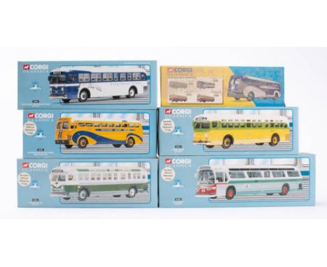 Corgi Classics. A boxed group of six American outline buses and coaches: including 54014 Fruit Salad, 53905 Washington Motor 